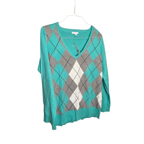 New York & Company Sweaters - New York & Company V-Neck Sweater Argyle Pullover Acrylic Teal Grey Size L NWT